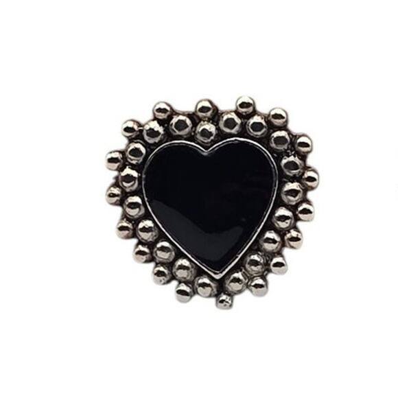 Black Heart Clip-On Vintage Earrings Silver Tone Beaded Edge - Picture 4 of 6